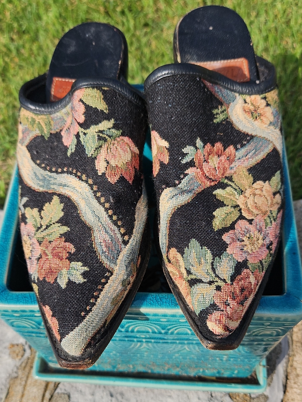 Floral Tapestry Slip-On Mules - Black Floral